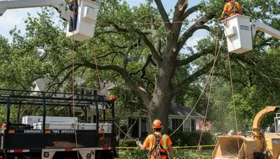 Buffalo, NY tree service crew clearing storm-damaged fallen tree from a property