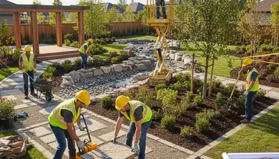 Tree service crew planning landscape design in Buffalo, NY for a residential property