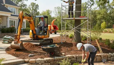 Tree service crew in Buffalo, NY providing landscaping and tree care on a residential property