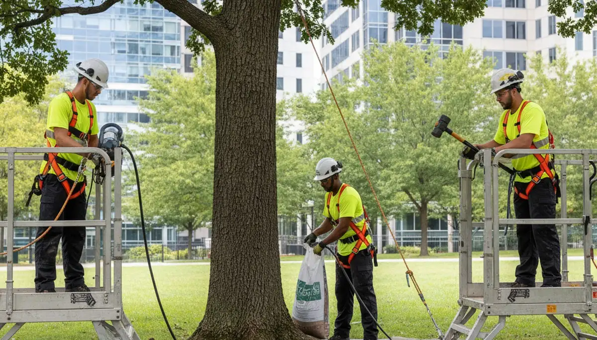 Buffalo, NY tree service crew protecting roots on a residential property