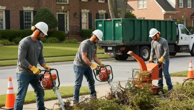 Buffalo, NY tree service crew removing overgrown shrubs for safe, efficient yard clearing