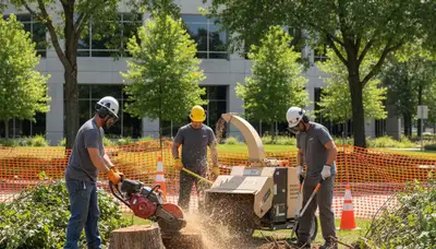 Buffalo, NY tree service crew removing overgrown shrubs on a residential property