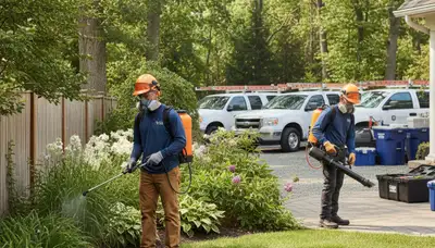 Buffalo, NY tree service crew applying tick control in a yard near wooded areas