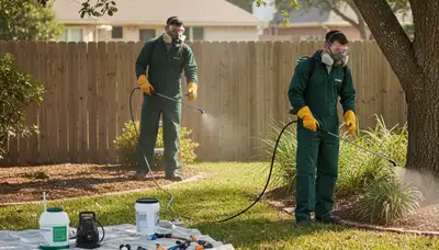 Tick control technician treating a Buffalo, NY yard near woods for safer outdoor spaces