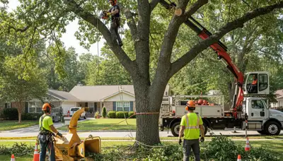 Buffalo, NY tree removal crew safely removing a hazardous tree for a local property owner