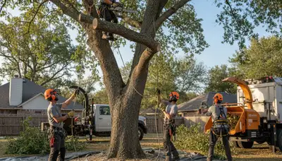 Buffalo, NY tree removal crew safely removing a hazardous tree for a local property owner