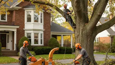 Tree service crew in Buffalo, NY handling tree removal and trimming for a local property